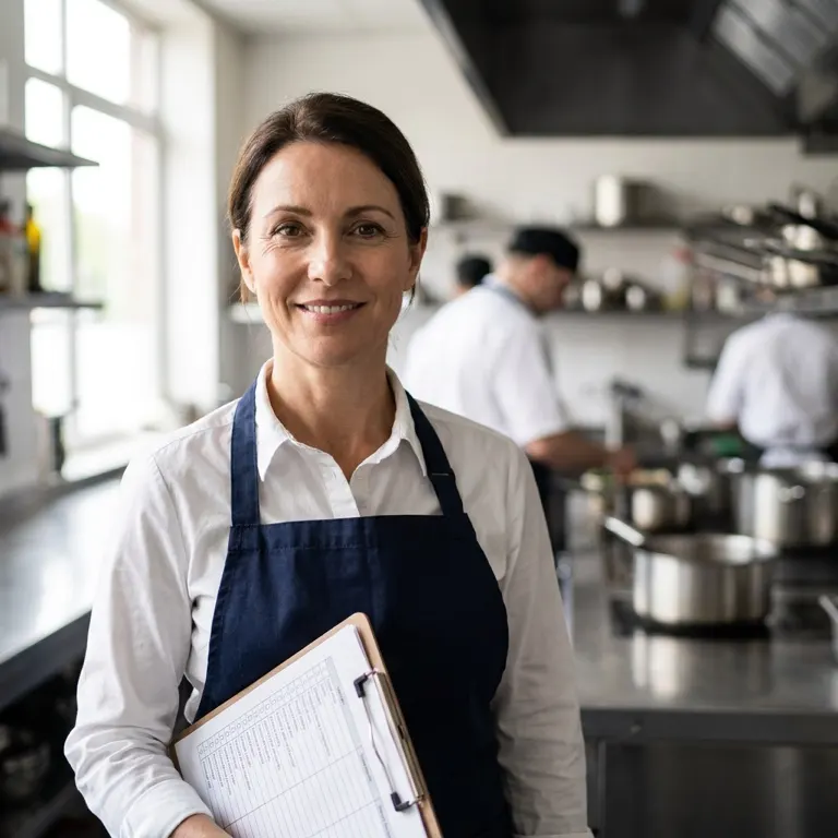 Confident Food Safety Supervisor holding a checklist in a commercial kitchen — nationally recognised certificate