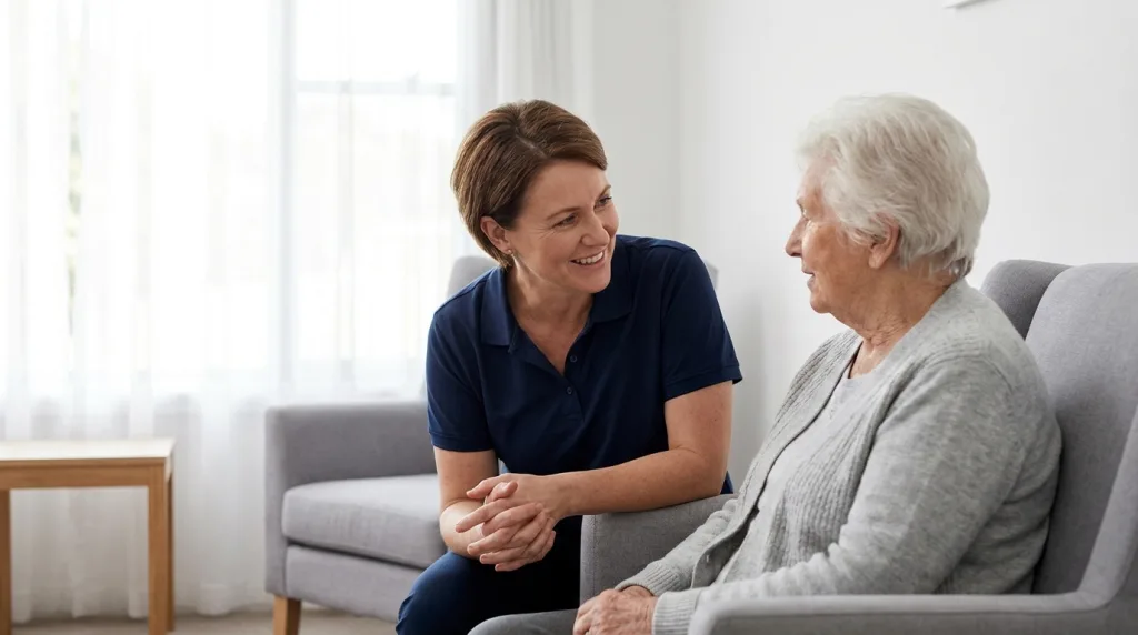 A support worker in a navy polo talking with an older woman in a sunlit aged care lounge room — Certificate III in Individual Support